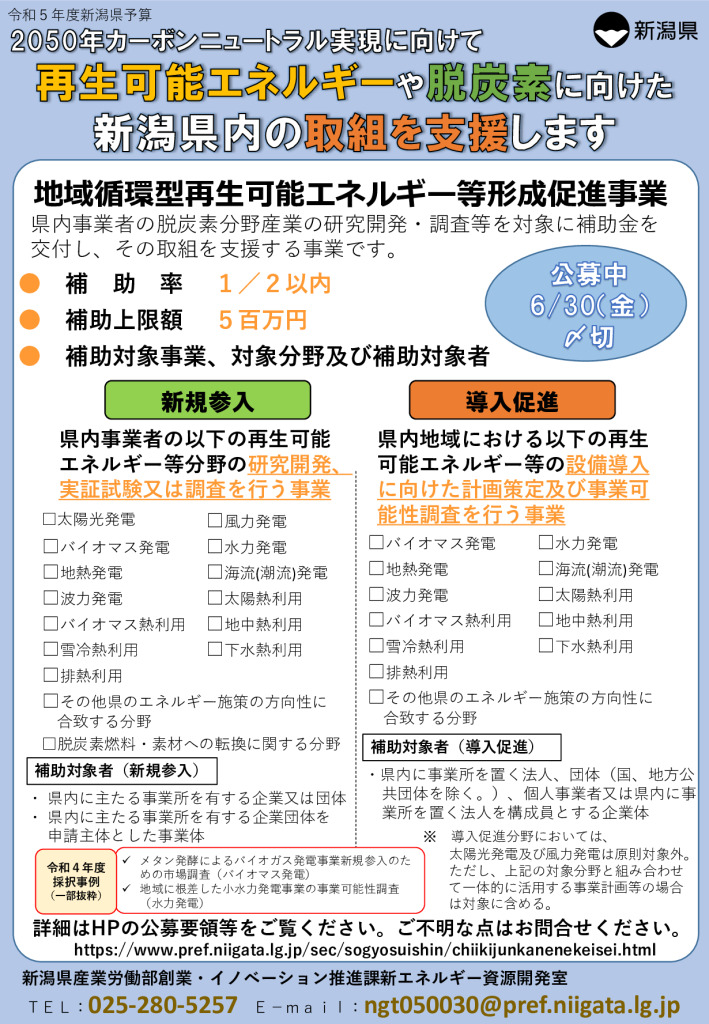 新潟県地域循環型再生可能エネルギー等形成促進事業補助金　6/30締切