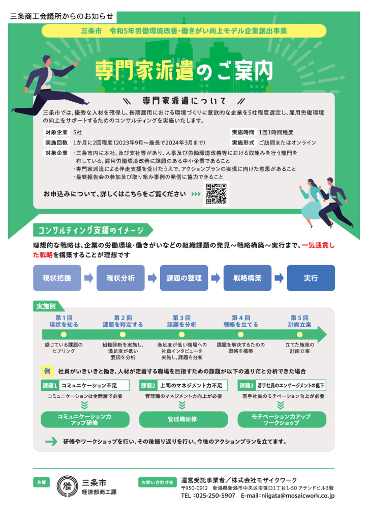 労働環境改善・働きがい向上モデル企業創出事業/コンサルティング活用支援【三条市】