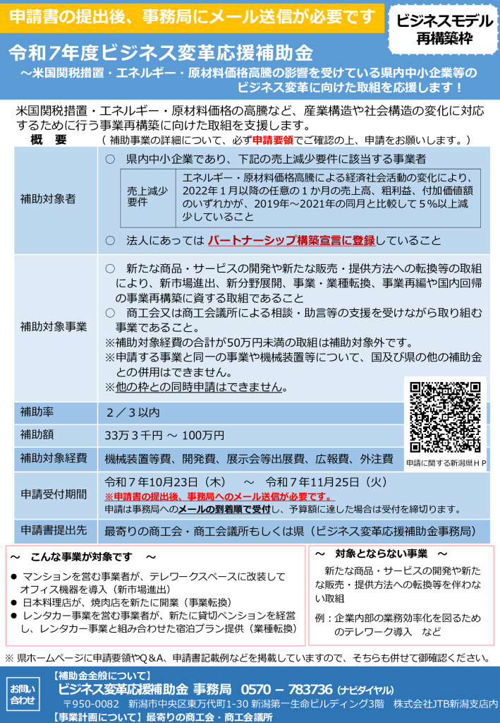 令和7年度ビジネス変革応援補助金【新潟県　ビジネスモデル変革に向けた取組を支援します】
