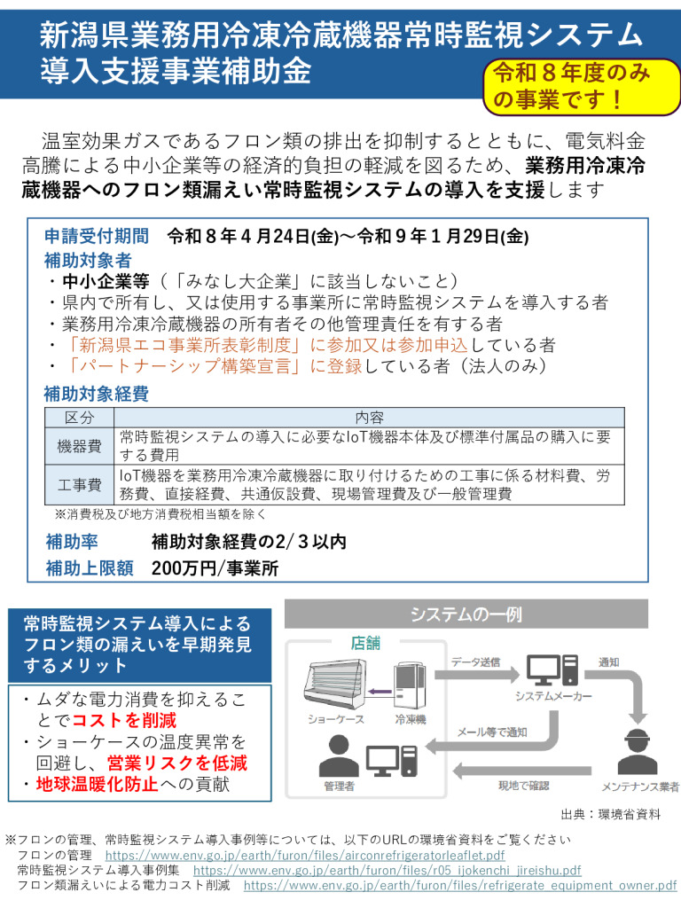 新潟県業務用冷凍冷蔵機器常時監視システム 導入支援事業補助金